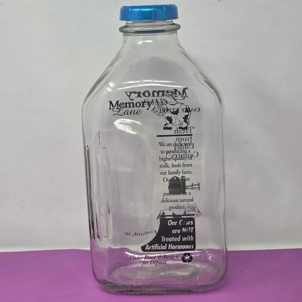Clear Glass Milk Bottle W/ Blue Cap Memory Lane Dairy Store 64 Oz Stanpac Design